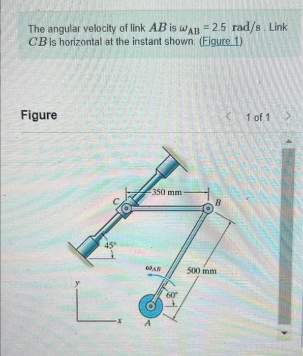The Angular Velocity Of Link Ab Is Wab 2 5 Rad S Link Cb Is Horizontal At The Instant Shown Figure 1 Figure 1 Of 1