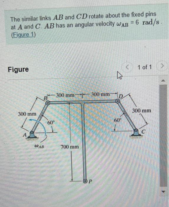 The Similar Links Ab And Cd Rotate About The Fixed Pins 6 Rad S At A And C Ab Has An Angular Velocity Wab Figure 1 1