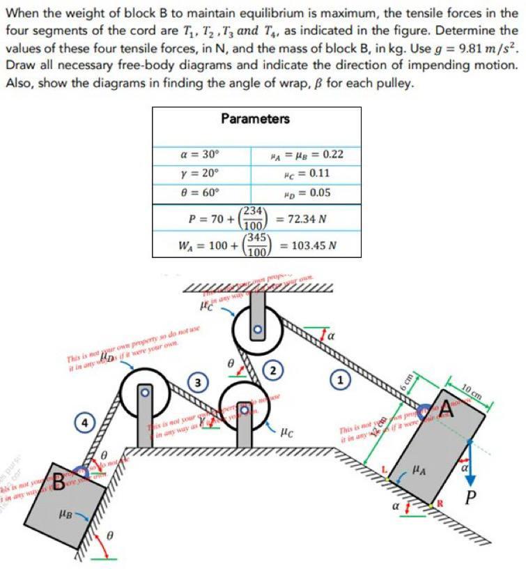 When The Weight Of Block B To Maintain Equilibrium Is Maximum The Tensile Forces In The Four Segments Of The Cord Are T 1