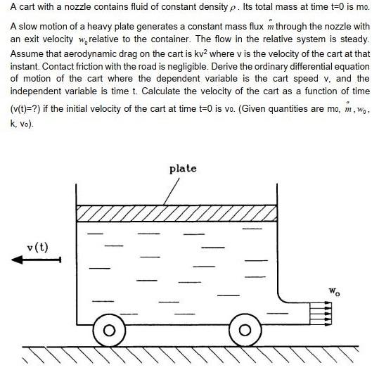 A Cart With A Nozzle Contains Fluid Of Constant Density P Its Total Mass At Time T 0 Is Mo A Slow Motion Of A Heavy Pl 1