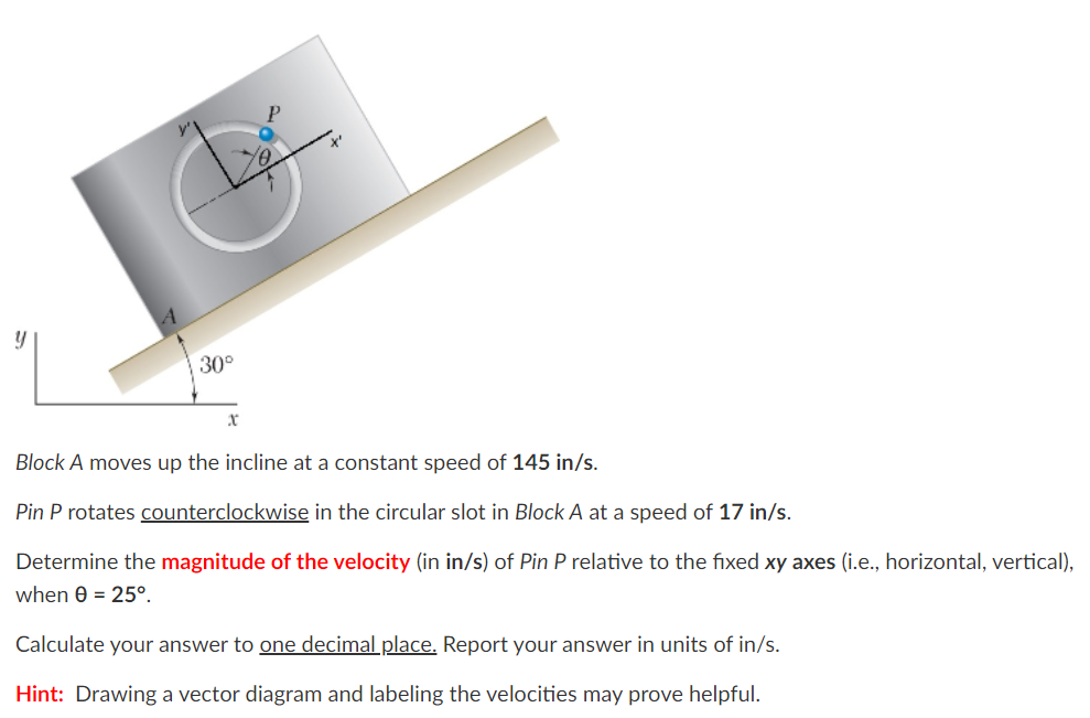 Y 30 X Block A Moves Up The Incline At A Constant Speed Of 145 In S Pin P Rotates Counterclockwise In The Circular Slo 1