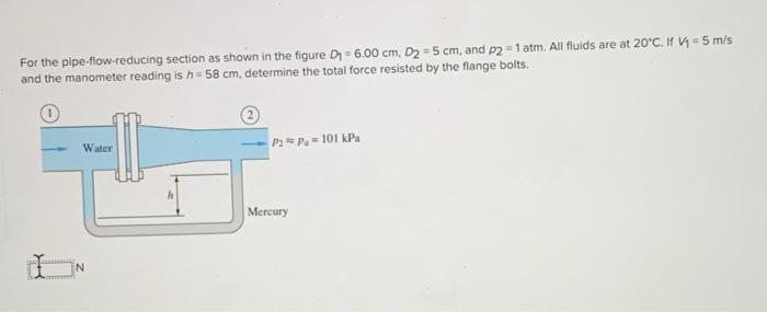 For The Pipe Flow Reducing Section As Shown In The Figure D 6 00 Cm D 5 Cm And P2 1 Atm All Fluids Are At 20 C If 1