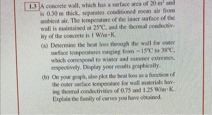 1 3 A Concrete Wall Which Has A Surface Area Of 20 M And Is 0 30 M Thick Separates Conditioned Room Air From Ambient 1