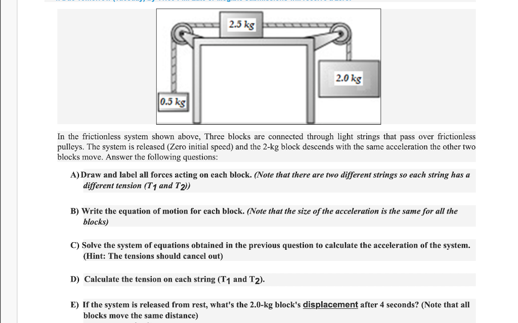 2 5 Kg 2 0 Kg 0 5 Kg In The Frictionless System Shown Above Three Blocks Are Connected Through Light Strings That Pass 1