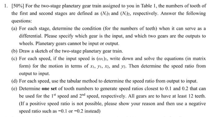 1 50 For The Two Stage Planetary Gear Train Assigned To You In Table 1 The Numbers Of Tooth Of The First And Second 3
