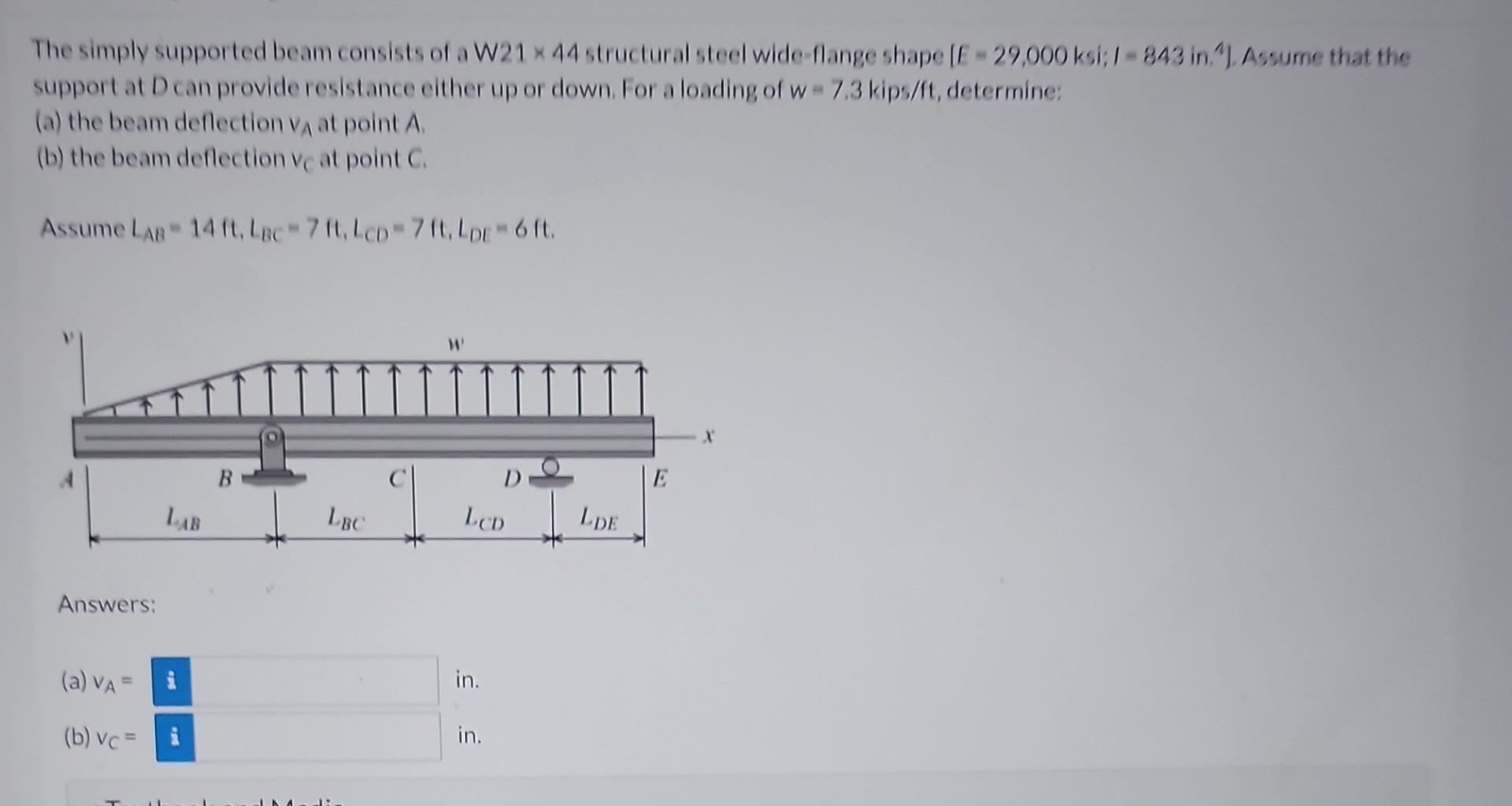 The Simply Supported Beam Consists Of A W21 X 44 Structural Steel Wide Flange Shape E 29 000 Ksi 1 843 In Assume 1