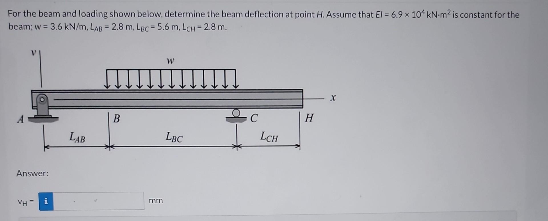 For The Beam And Loading Shown Below Determine The Beam Deflection At Point H Assume That El 6 9 X 104 Kn M Is Cons 1