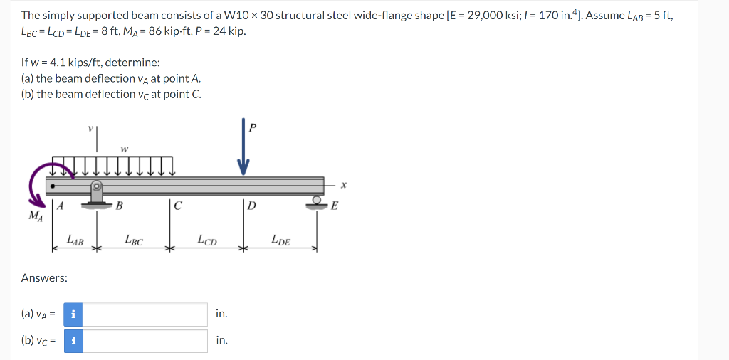 The Simply Supported Beam Consists Of A W10 X 30 Structural Steel Wide Flange Shape E 29 000 Ksi 170 In 4 Assu 1