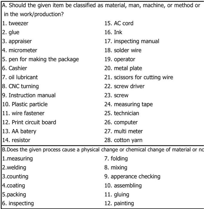 A Should The Given Item Be Classified As Material Man Machine Or Method Or In The Work Production 1 Tweezer 15 Ac 1