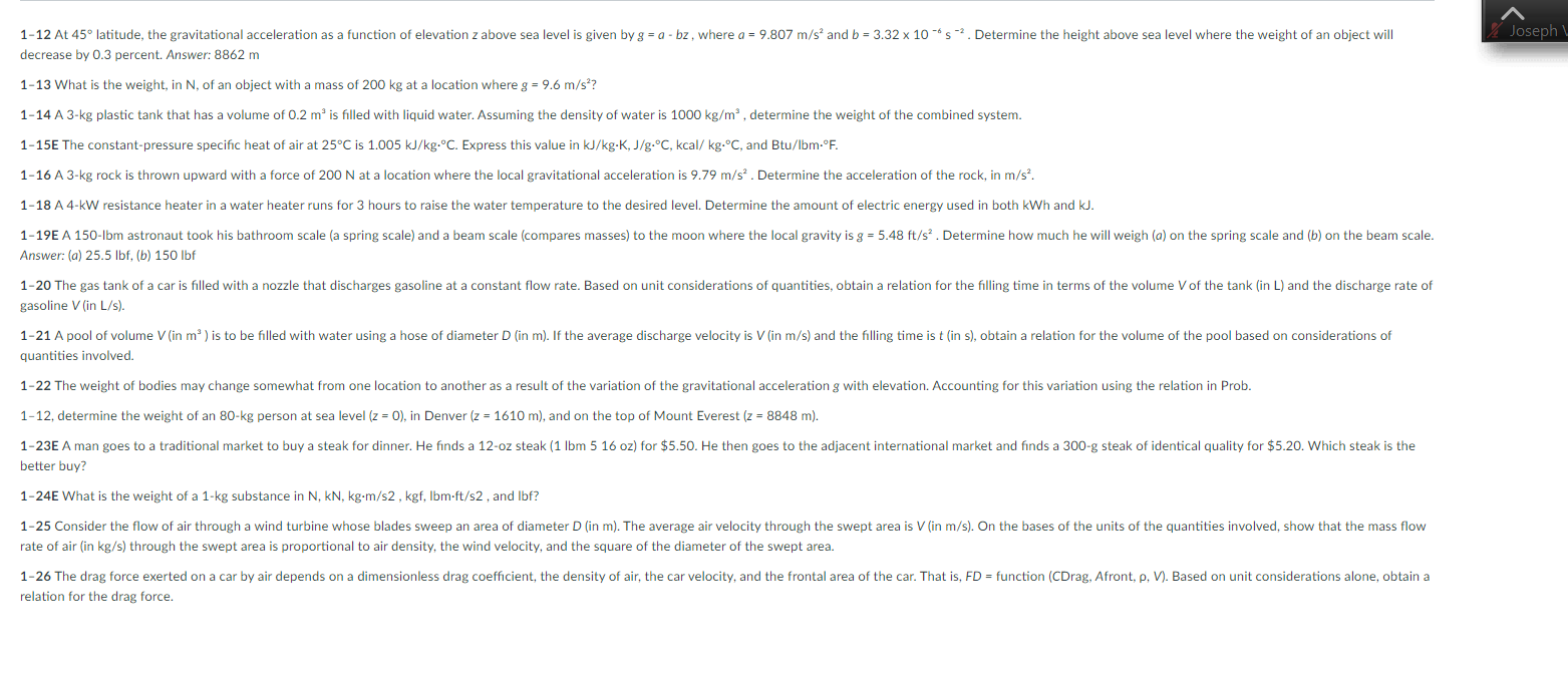 1 12 At 45 Latitude The Gravitational Acceleration As A Function Of Elevation Z Above Sea Level Is Given By G A Bz 1