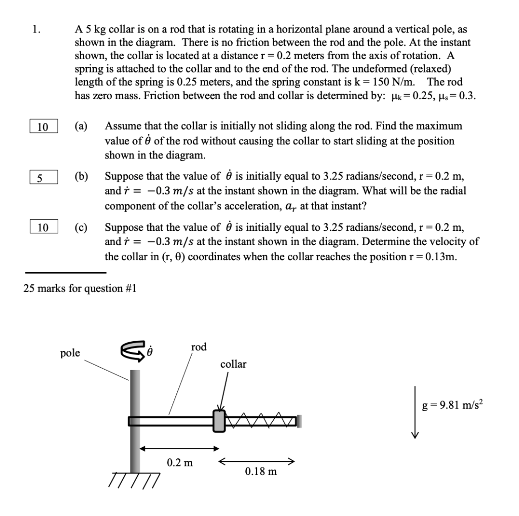 1 A 5 Kg Collar Is On A Rod That Is Rotating In A Horizontal Plane Around A Vertical Pole As Shown In The Diagram The 1