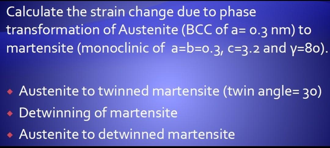 Calculate The Strain Change Due To Phase Transformation Of Austenite Bcc Of A 0 3 Nm To Martensite Monoclinic Of A B 1