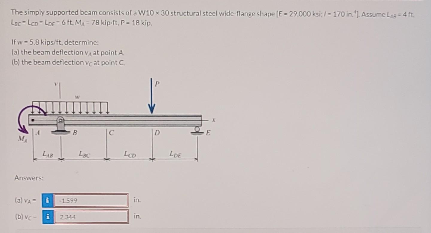 The Simply Supported Beam Consists Of A W10 X 30 Structural Steel Wide Flange Shape E 29 000 Ksi 1 170 In Assume 1