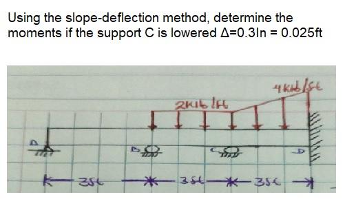Using The Moments Slope Deflection Method Determine The If The Support C Is Lowered A 0 31n 0 025ft 4kb St 2k1b Ft D 1