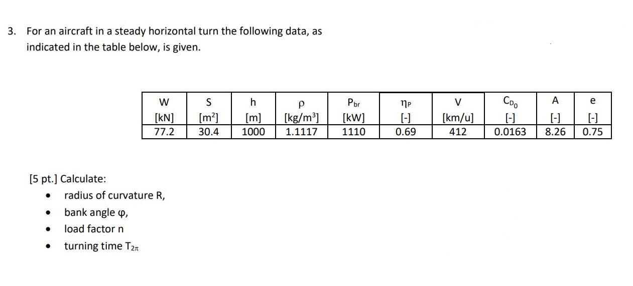 3 For An Aircraft In A Steady Horizontal Turn The Following Data As Indicated In The Table Below Is Given W S H P K 1