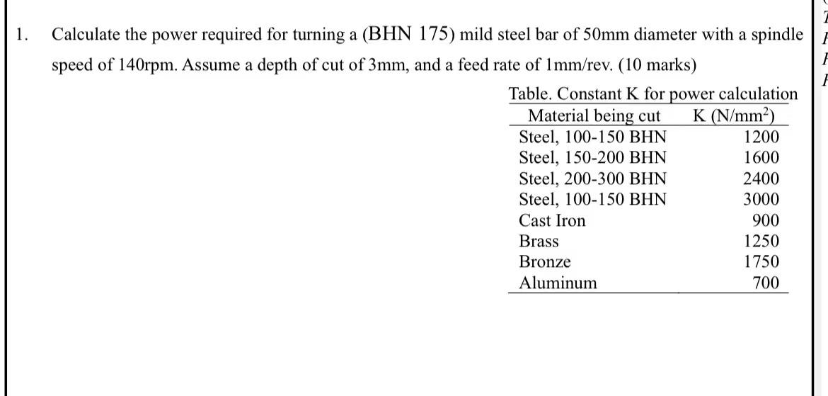 1 Calculate The Power Required For Turning A Bhn 175 Mild Steel Bar Of 50mm Diameter With A Spindle Speed Of 140rpm 1
