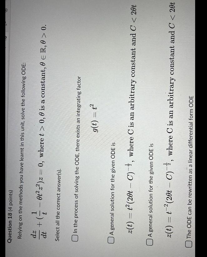 Question 18 4 Points Relying On The Methods You Have Learnt In This Unit Solve The Following Ode Dz Dt Ot 2 1