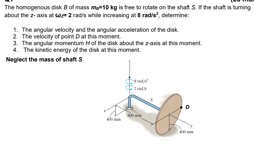 The Homogenous Disk B Of Mass M 10 Kg Is Free To Rotate On The Shaft S If The Shaft Is Turning About The Z Axis At Wz 1