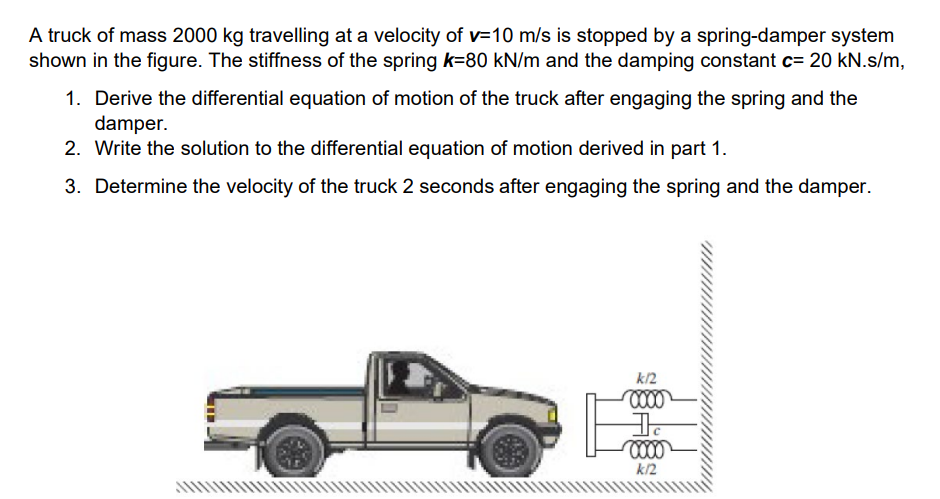 A Truck Of Mass 2000 Kg Travelling At A Velocity Of V 10 M S Is Stopped By A Spring Damper System Shown In The Figure T 1