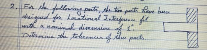 2 For The Following Parts The Two Parts Have Been Designed For Locational Interference Fit With A Nominal Dimension Of 1