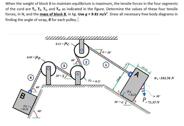 When The Weight Of Block B To Maintain Equilibrium Is Maximum The Tensile Forces In The Four Segments Of The Cord Are T 1