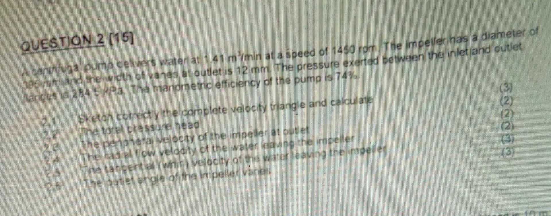 Question 2 15 A Centrifugal Pump Delivers Water At 1 41 M Min At A Speed Of 1450 Rpm The Impeller Has A Diameter Of 1