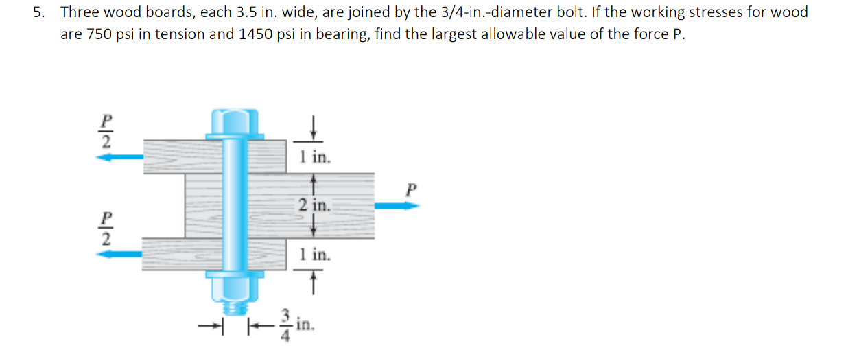 5 Three Wood Boards Each 3 5 In Wide Are Joined By The 3 4 In Diameter Bolt If The Working Stresses For Wood Are 7 1