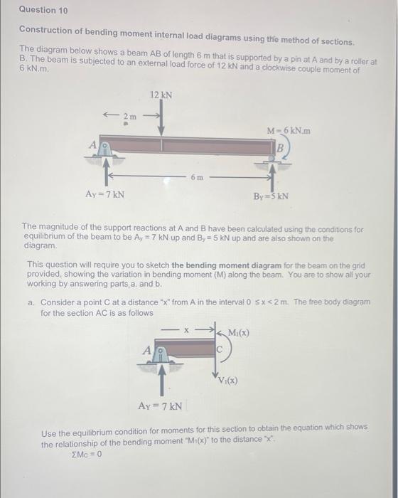 Question 10 Construction Of Bending Moment Internal Load Diagrams Using The Method Of Sections The Diagram Below Shows 1