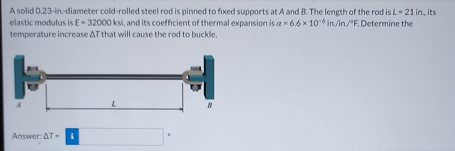 A Solid 0 23 In Diameter Cold Rolled Steel Rod Is Pinned To Fixed Supports At A And B The Length Of The Rod Is L 21 1