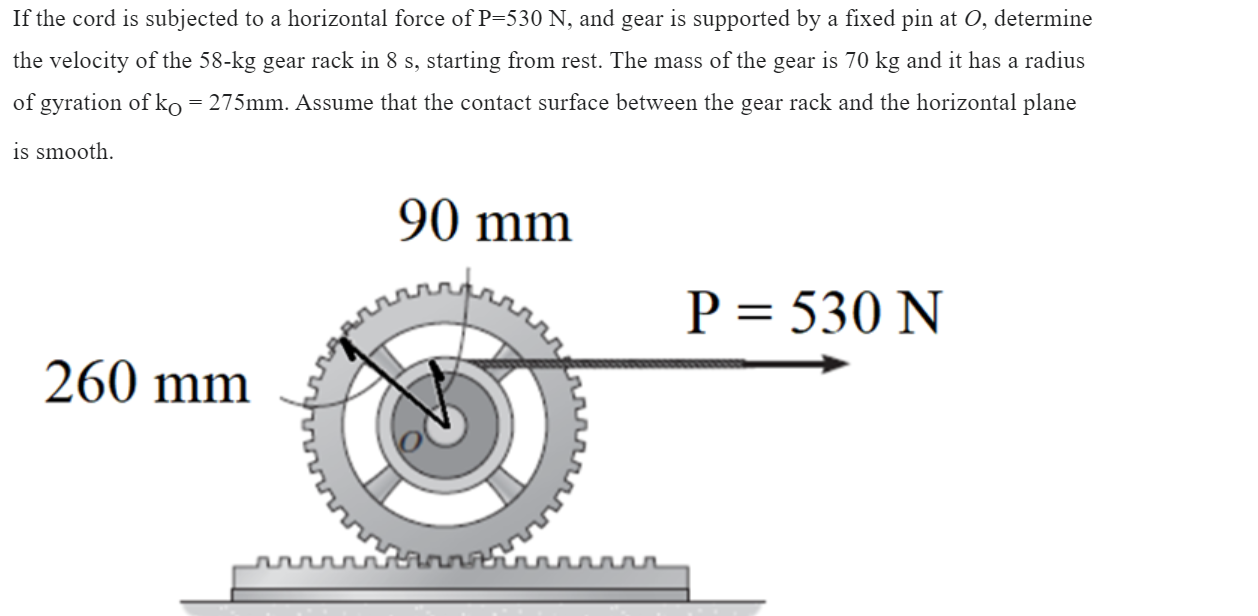 If The Cord Is Subjected To A Horizontal Force Of P 530 N And Gear Is Supported By A Fixed Pin At O Determine The Velo 1