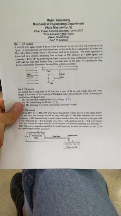 Mutah University Mechanical Engineering Department Fluid Mechanics 2 Final Exam Second Semester June 2022 Time Allow 7