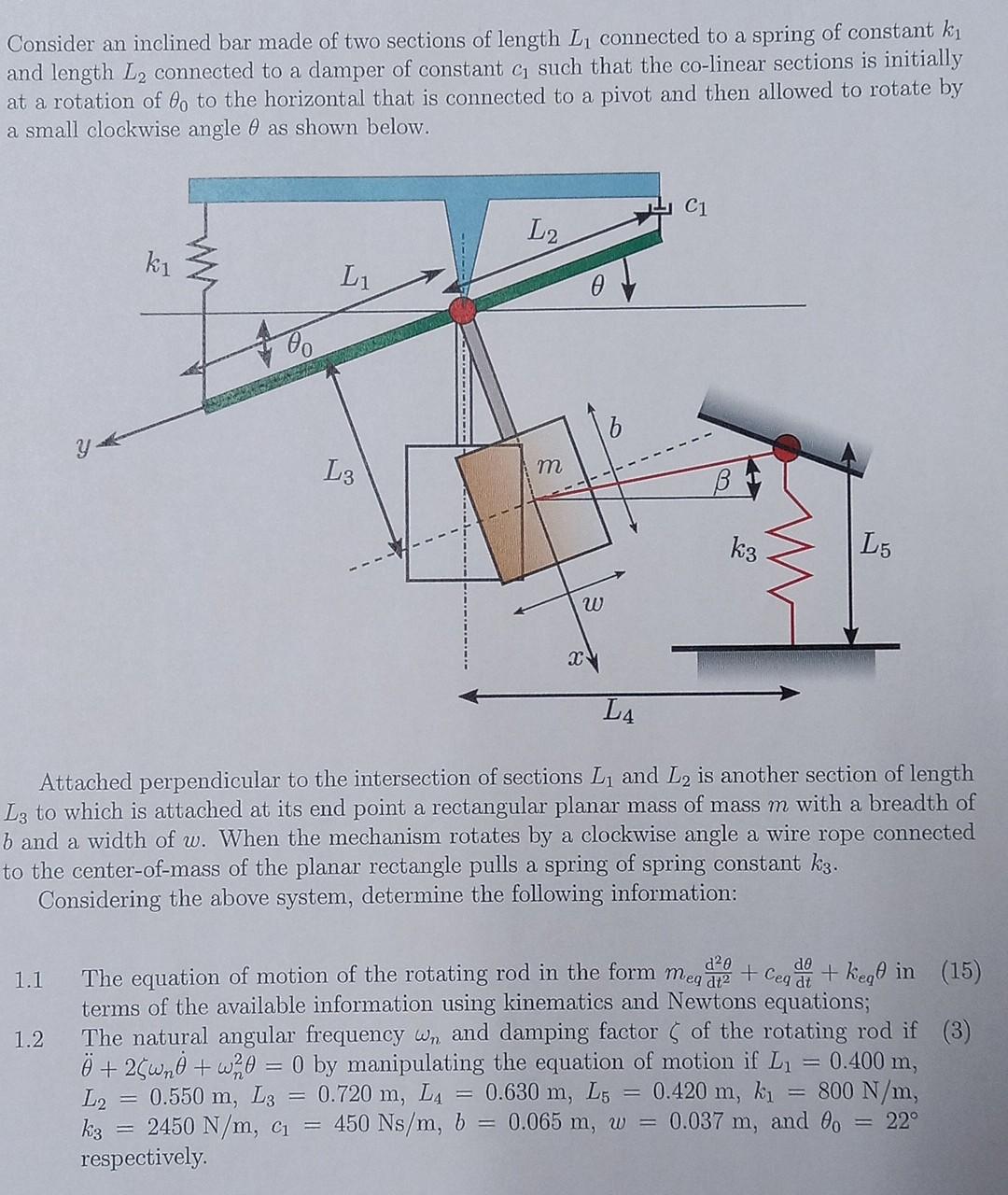 Consider An Inclined Bar Made Of Two Sections Of Length L Connected To A Spring Of Constant Ki And Length L2 Connected 1