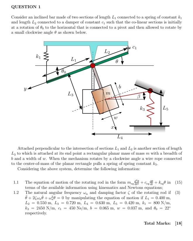 Question 1 Consider An Inclined Bar Made Of Two Sections Of Length L Connected To A Spring Of Constant Ki And Length L 1