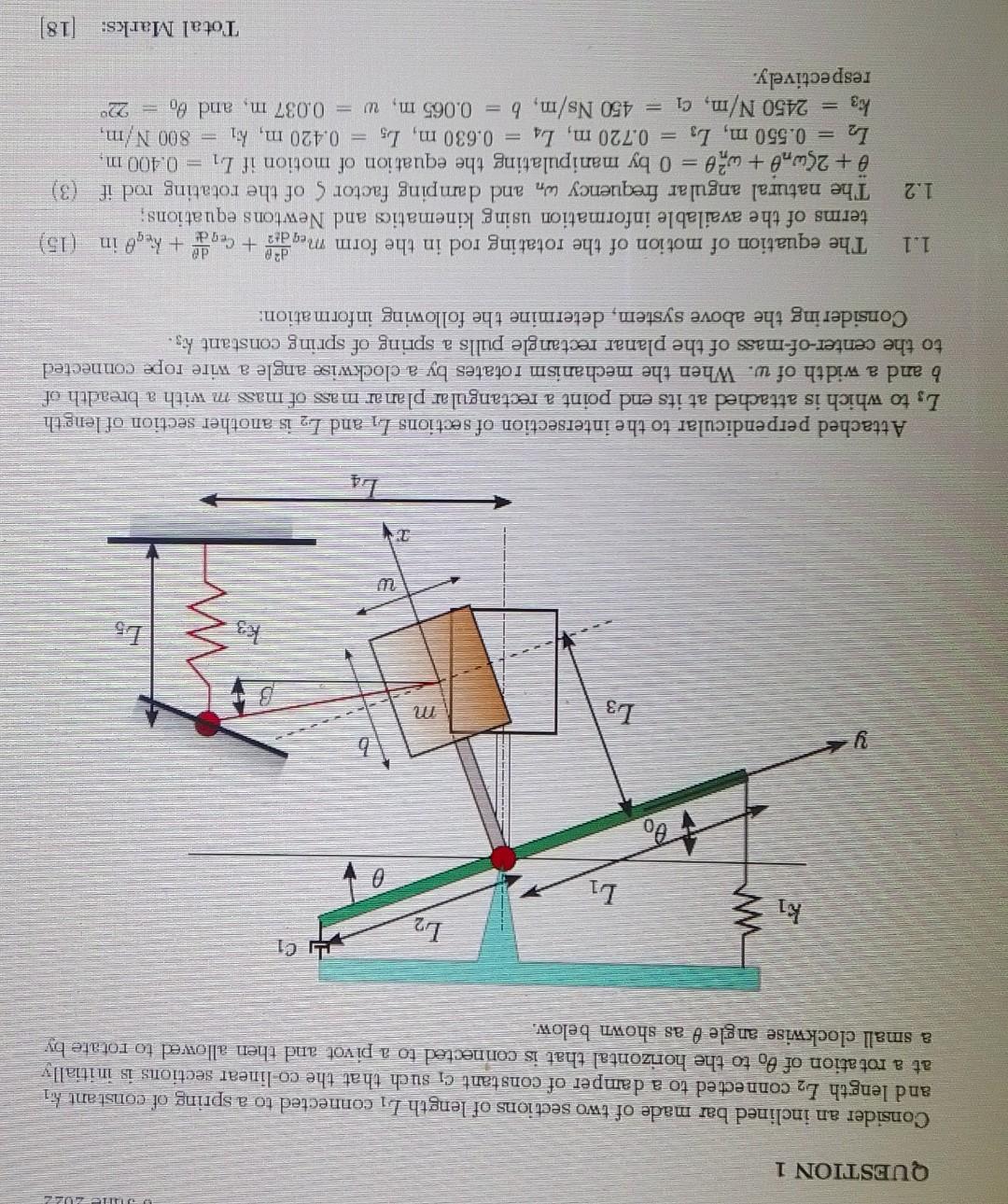 June 2022 Question 1 Consider An Inclined Bar Made Of Two Sections Of Length L Connected To A Spring Of Constant Ka And 1