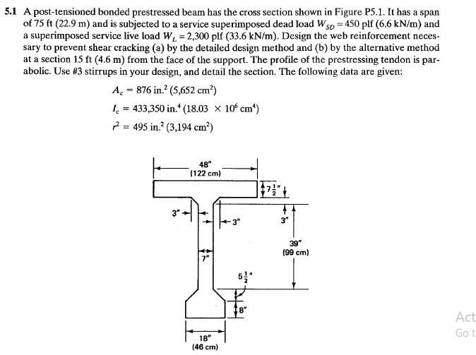 5 1 A Post Tensioned Bonded Prestressed Beam Has The Cross Section Shown In Figure P5 1 It Has A Span Of 75 Ft 22 9 M 1
