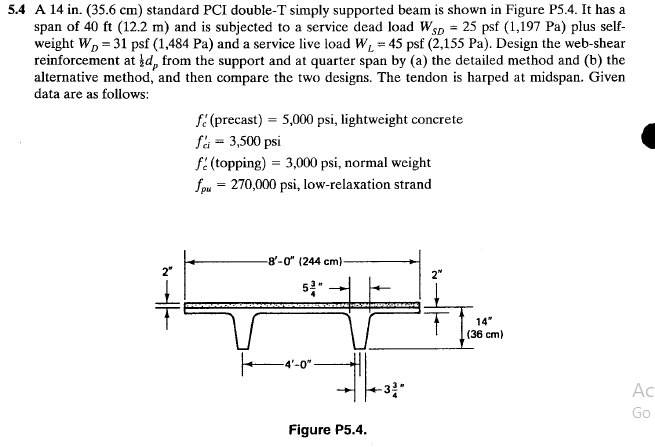 5 4 A 14 In 35 6 Cm Standard Pci Double T Simply Supported Beam Is Shown In Figure P5 4 It Has A Span Of 40 Ft 12 2 1