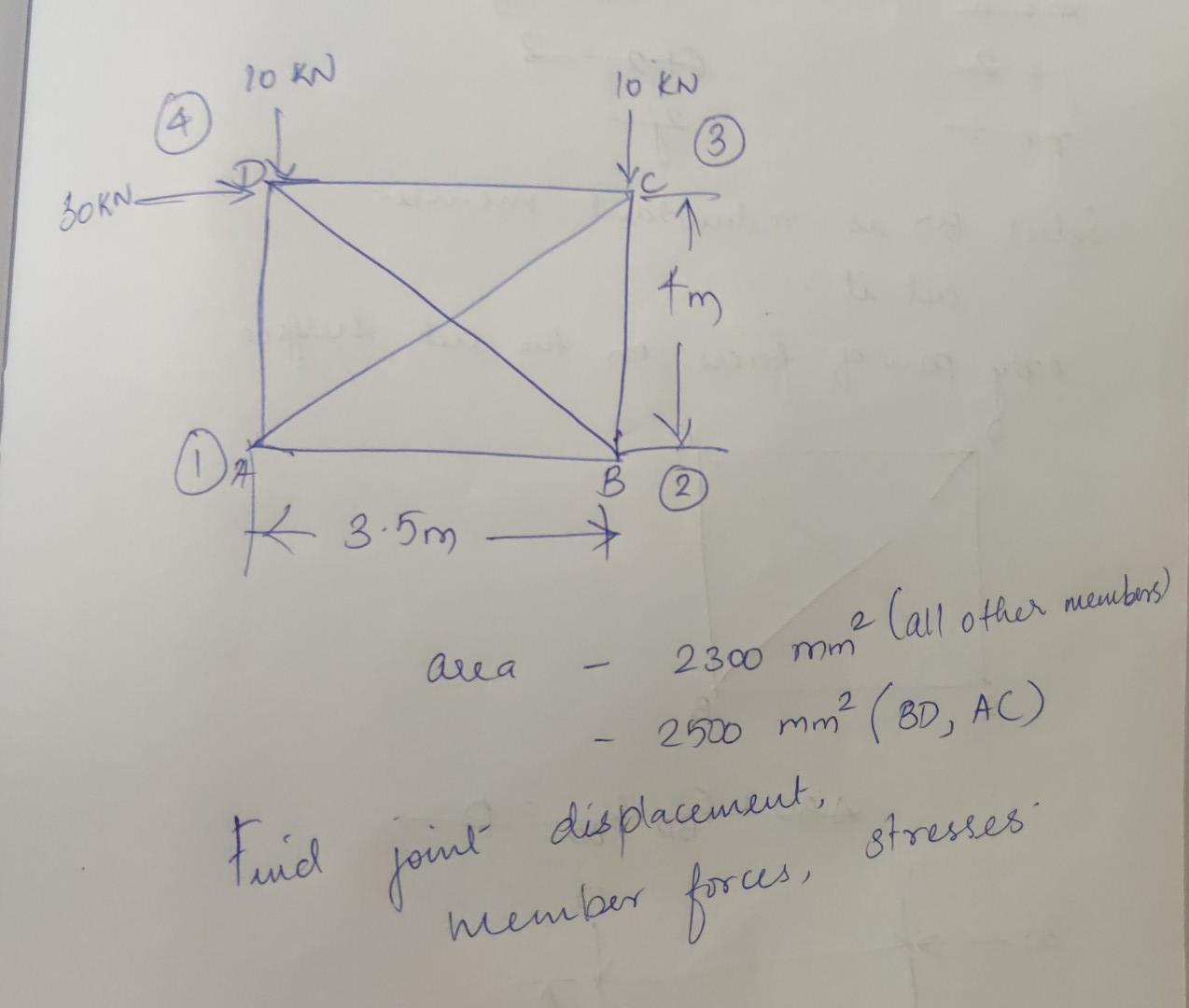 14 30kn 10 Kn Lo Kn 3 Tm 2 2300 Mm 2500 Mm Bd Ac Stresses Dat K3 5m Area Find Joint Displacement Member Forces B 1