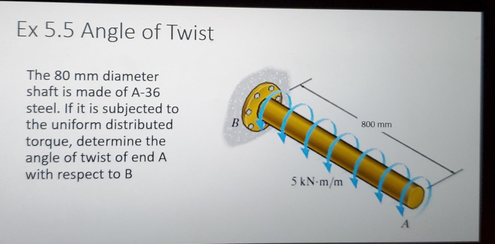 Ex 5 5 Angle Of Twist The 80 Mm Diameter Shaft Is Made Of A 36 Steel If It Is Subjected To The Uniform Distributed Torq 1