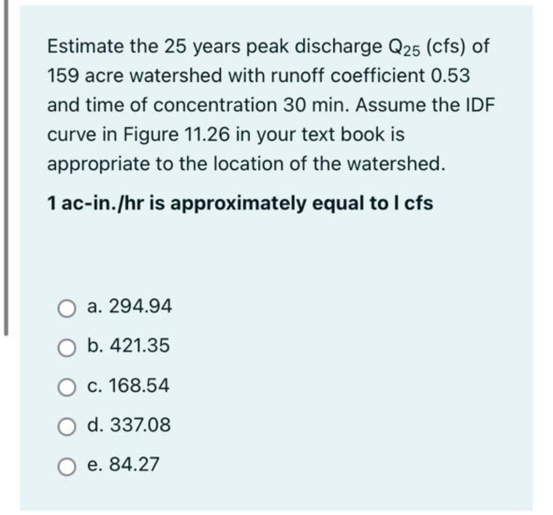 Estimate The 25 Years Peak Discharge Q25 Cfs Of 159 Acre Watershed With Runoff Coefficient 0 53 And Time Of Concentrat 1