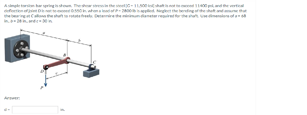 A Simple Torsion Bar Spring Is Shown The Shear Stress In The Steel G 11 500 Ksi Shaft Is Not To Exceed 11400 Psi And 1