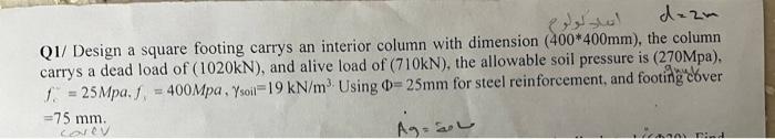 Dezm Over Q1 Design A Square Footing Carrys An Interior Column With Dimension 400 400mm The Column Carrys A Dead Loa 1