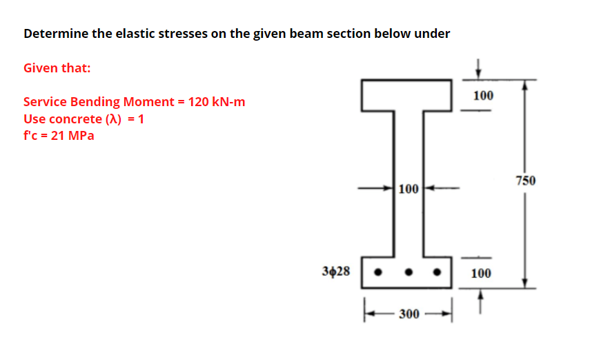 Determine The Elastic Stresses On The Given Beam Section Below Under Given That Service Bending Moment 120 Kn M 100 U 1