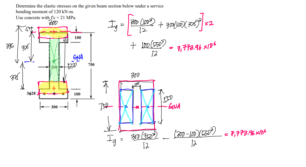 Determine The Elastic Stresses On The Given Beam Section Below Under A Service Bending Moment Of 120 Kn M Use Concrete 1