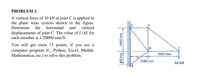 Problem 3 A Vertical Force Of 10 Kn At Joint C Is Applied To The Plane Truss System Shown In The Figure Determine The 1