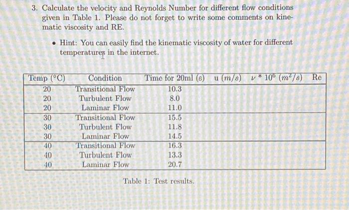 3 Calculate The Velocity And Reynolds Number For Different Flow Conditions Given In Table 1 Please Do Not Forget To Wr 1