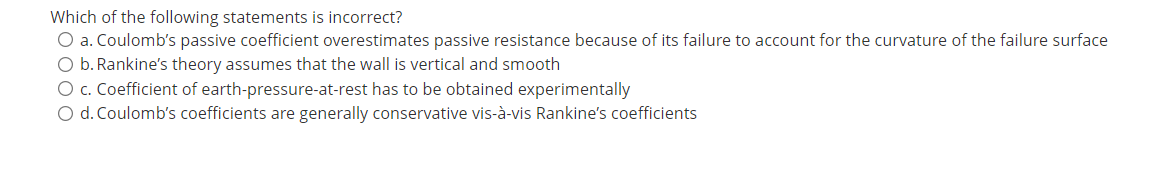 Which Of The Following Statements Is Incorrect O A Coulomb S Passive Coefficient Overestimates Passive Resistance Beca 1