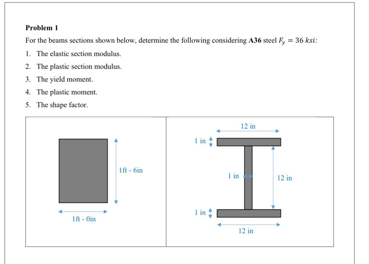 Problem 1 For The Beams Sections Shown Below Determine The Following Considering A36 Steel Fy 36 Ksi 1 The Elastic 1