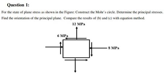 Question 1 For The State Of Plane Stress As Shown In The Figure Construct The Mohr S Circle Determine The Principal S 1