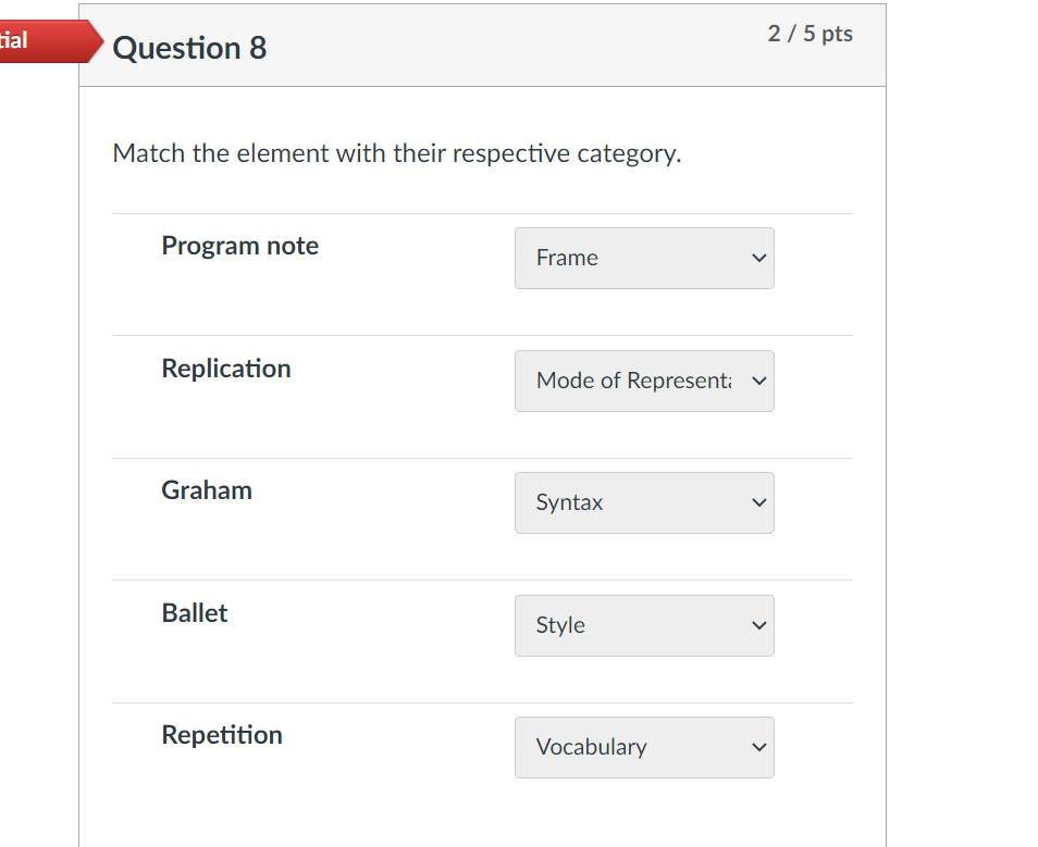 Tial Question 8 Match The Element With Their Respective Category Program Note Frame Replication Mode Of Represent Grah 1