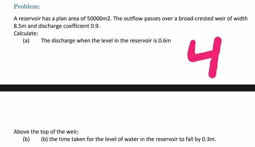 Problem A Reservoir Has A Plan Area Of 50000m2 The Outflow Passes Over A Broad Crested Weir Of Width 8 5m And Discharg 1